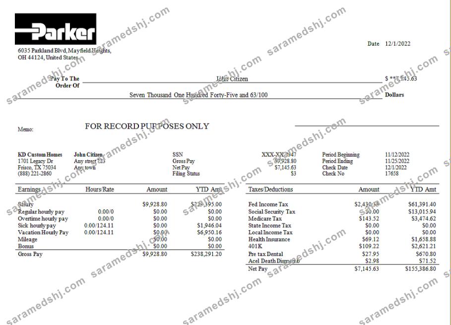 USA Parker Hannifin engineering company pay stub